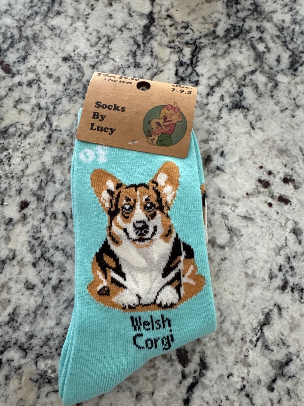 By Lucy Welsh Corgi Dog Crew Socks - Light Teal